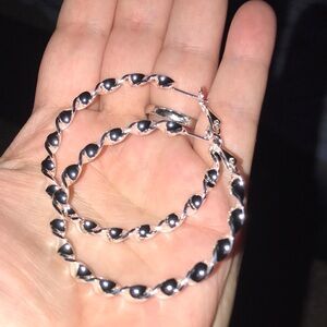 Silver-Tone Twisted Hoop Earrings - Black Accent